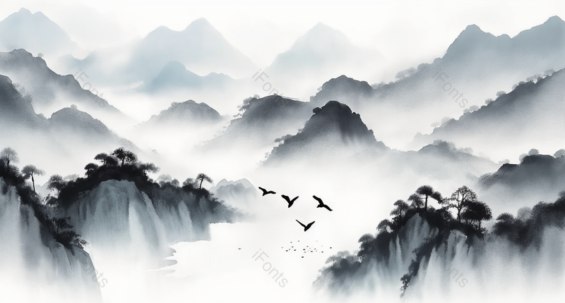 烟雾山水画水墨风自然背景图,插画/手绘图,插画/手绘图库,插画/手绘图下载,插画/手绘